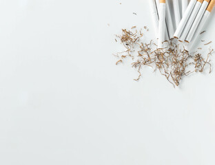 group of cigarettes with dried tobacco lay on white background from top view with copy space.