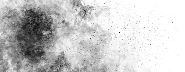 Panoramic view black and white fire on isolated background. Perfect explosion effect for decoration and covering on black background. Concept burn flame and light texture overlays.