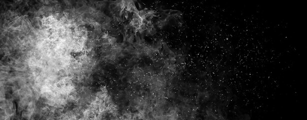 Panoramic view black and white fire on isolated background. Perfect explosion effect for decoration and covering on black background. Concept burn flame and light texture overlays.