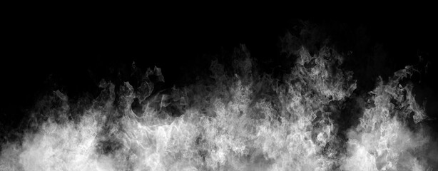 Panoramic view black and white fire on isolated background. Perfect explosion effect for decoration and covering on black background. Concept burn flame and light texture overlays.