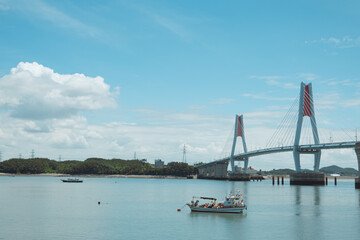 Panoramic view of Yeongheung Bridge in Yeongheung-do in a beautiful summer day, Korea.
