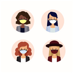 Vector illustration avaar peoples woman wearing medical mask. women wearing protection from virus, urban air pollution, smog, vapor, pollutant gas emission. Vector illustration.