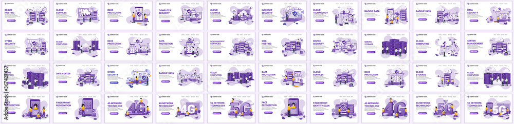 Poster big collection concept of cloud computing, digital storage, flat vector illustration. set of landing