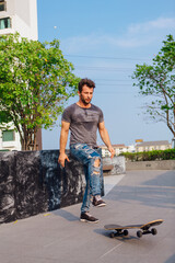 Skateboarder doing a skateboard trick on the street