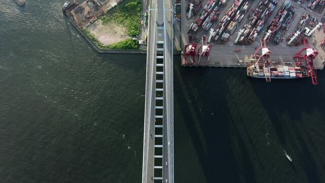 Traffic on Stonecutters bridge, Hong Kong, Top down Aerial view
