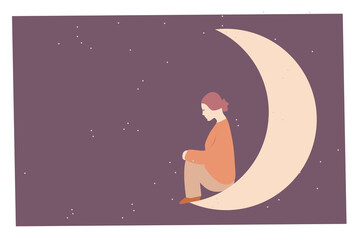 Girl sitting on the moon. Vector illustration.