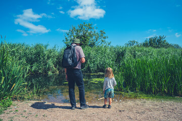 Fototapeta premium Preschooler with grandfather standing by pond in summer