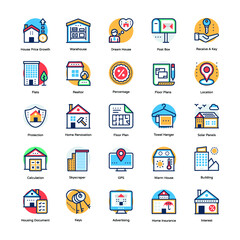 Property and Real Estate Colored Vector Icons Set