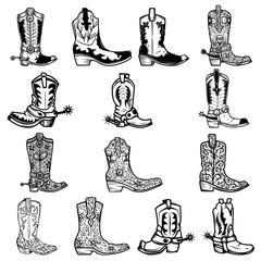 Set of illustration of cowboy boots in vintage monochrome style. Design element for logo, emblem, sign, poster, card, banner. Vector illustration - obrazy, fototapety, plakaty