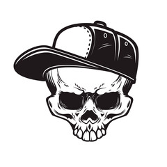 Illustration of skull in baseball cap in monochrome style. Design element for logo, emblem, sign, poster, card, banner. Vector illustration