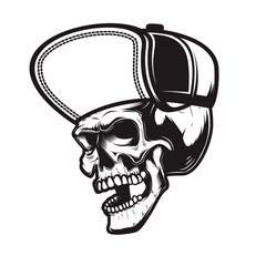 Illustration of skull in baseball cap in monochrome style. Design element for logo, emblem, sign, poster, card, banner. Vector illustration
