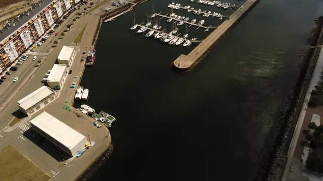 Aerial view in the city harbor of Viveiro in Galicia.Spain. Drone Footage