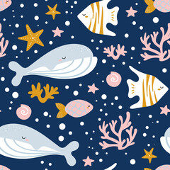 Cute seamless pattern with whale, narwhal, octopus, jellyfish, starfish, crab.