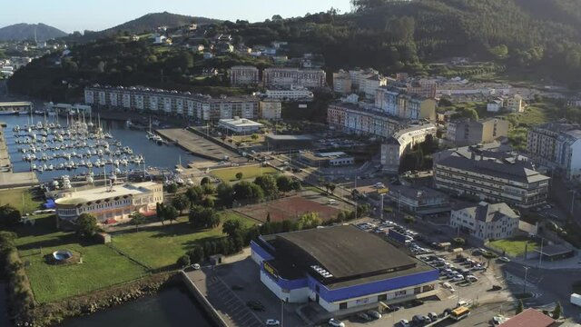 Aerial view of buildings in coastal village of Viveiro. Galicia.Spain. Drone Footage
