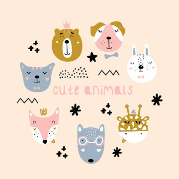 Set of scandinavian cute animals. Fox, hare, wolf, bear, giraffe, dog, cat.