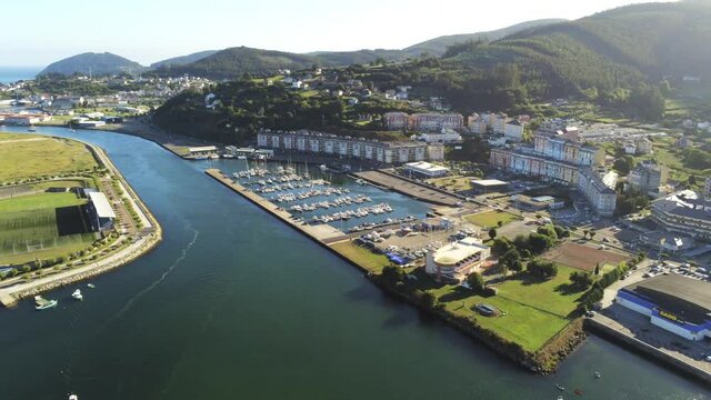 Aerial view in the city harbor of Viveiro in Galicia.Spain. Drone Footage