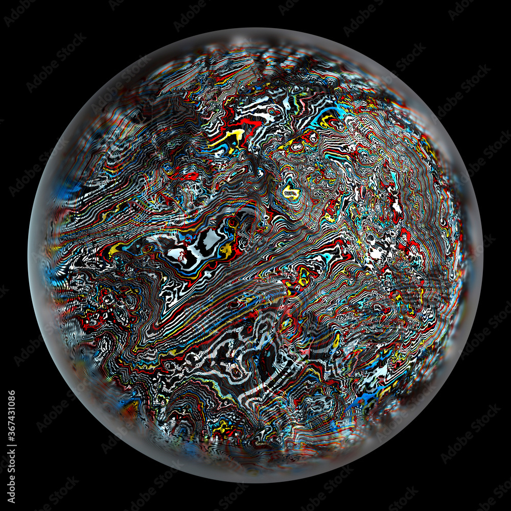 Wall mural 3d render of abstract art of surreal 3d planet earth in organic curve round wavy lines in red blue w