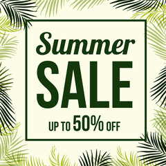 Summer sale banner with palm leaves background
