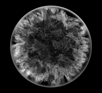 3d render of black and white abstract art of surreal spooky 3d glass ball planet or asteroid with blur effect on the edges with scratches and damages on surface with parallel lines pattern in the dark