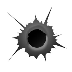 Bullet hole on white background. Realisic metal bullet hole, damage effect. Vector illustration.