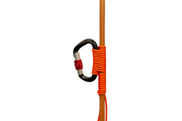 Carbine tied with a rope to a wooden bar close up