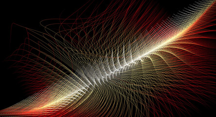 3d render of abstract art with surreal 3d background based on small thin long glowing parallel strings tubes or lines in curve round wavy forms in red yellow and white gradient color on black back