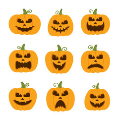 Happy, funny, cute and scary halloween pumpkin set. Holidays cartoon character collection. Vector illustration in flat style.