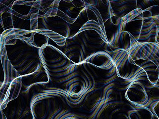 3d render of abstract art of 3d background with surreal hills mountains or dunes in curve wavy round parallel lines on surface in white blue and yellow color in the dark on black background