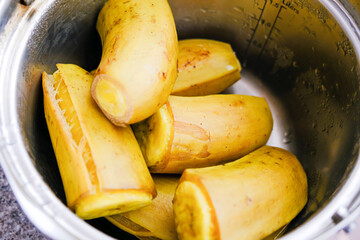 Cooked Nigerian Boiled plantain ready to eat