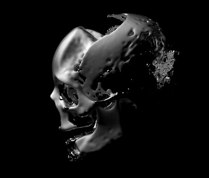 3d render of black and white monochrome abstract art with scary mystery creepy skull based on liquid aluminum matte metal with glossy silver parts in the dark on black background halloween card