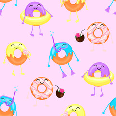 Cartoon donuts. Seamless pattern. Vector illustration isolated on a pink background.