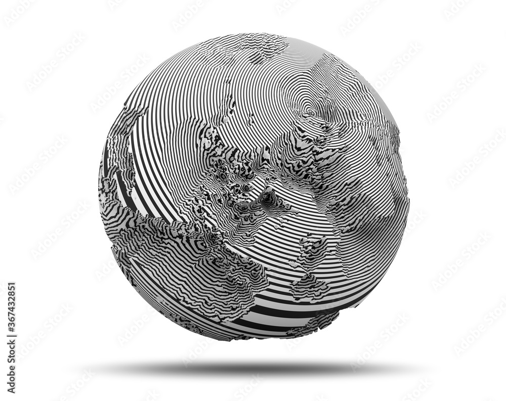 Sticker 3d render of abstract black and white art with surreal 3d ball sphere planet or asteroid with damage