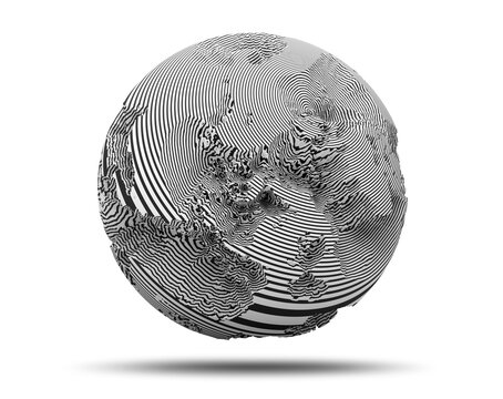 3d render of abstract black and white art with surreal 3d ball sphere planet or asteroid with damages on surface in black parallel round lines pattern on white background