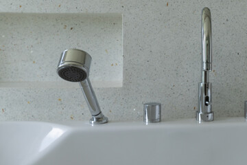 White bathtub in luxury modern bathroom.