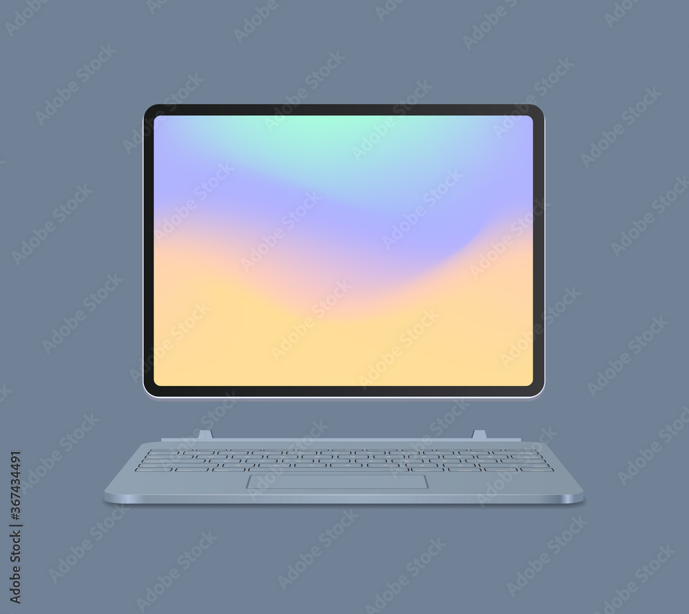 Poster modern tablet computer with keyboard and colored screen realistic mockup gadgets and devices concept