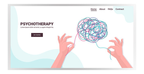 human hands solving problem in tangled brain psychotherapy session treatment of stress addictions and mental problems concept horizontal copy space vector illustration