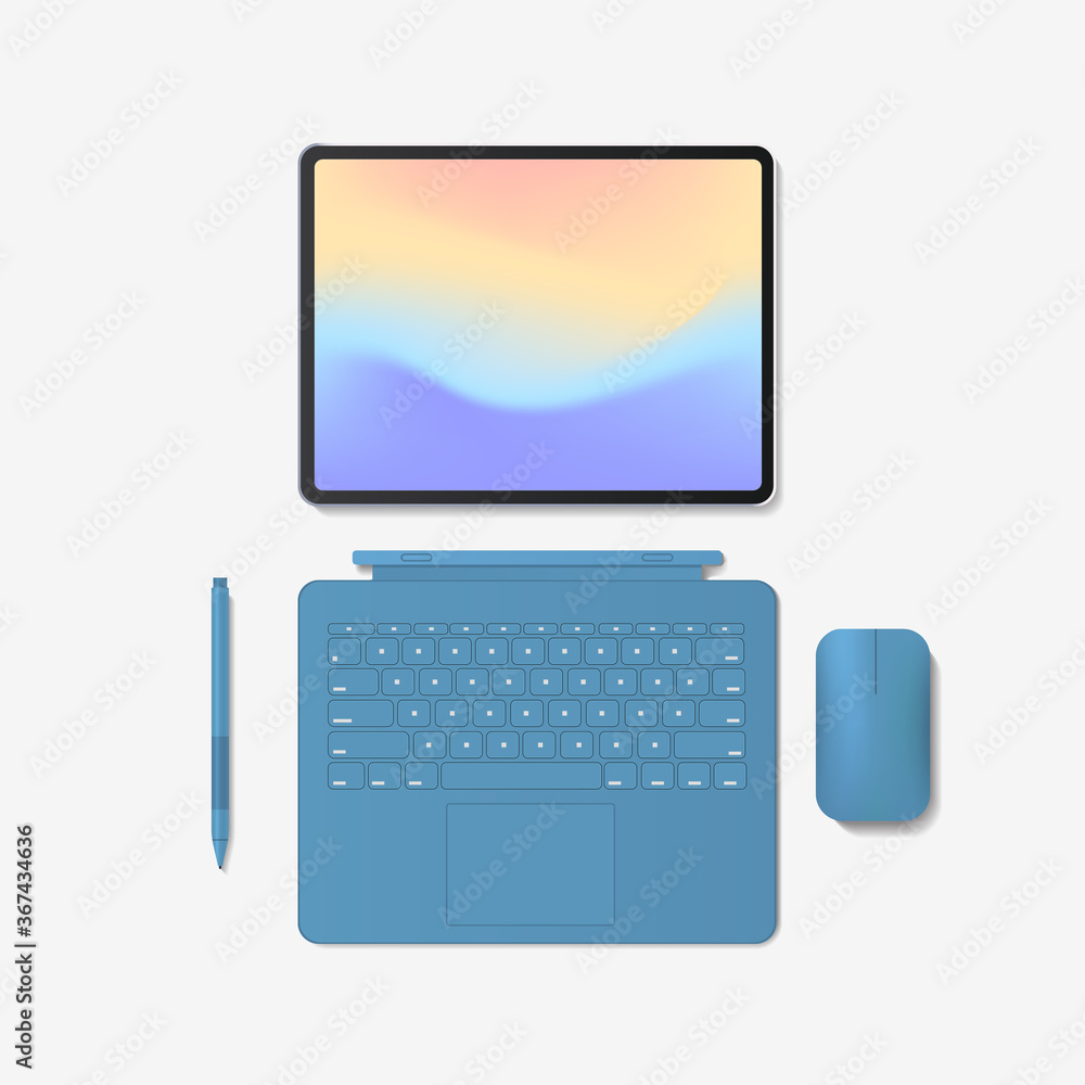 Poster modern tablet computer with keyboard mouse pen and colored screen isolated on white background reali