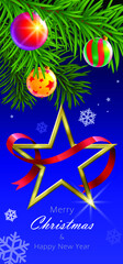 The Christmas tree is decorated with three colored balls and a golden star with a red ribbon on a snowy night.