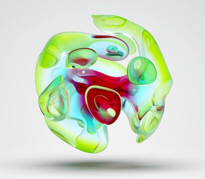 3d render of abstract art piece of glass sculpture with surreal alien flower in organic curve round wavy smooth and soft biological forms in red blue and green gradient color glass material on grey
