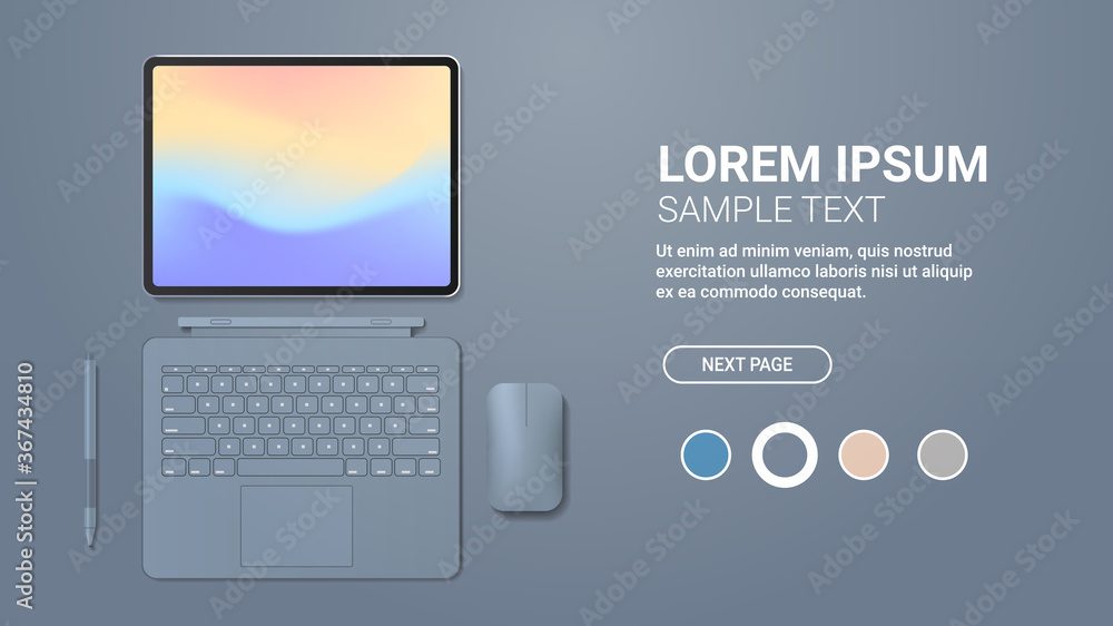 Poster modern tablet computer with keyboard mouse pen and colored screen realistic mockup gadgets and devic