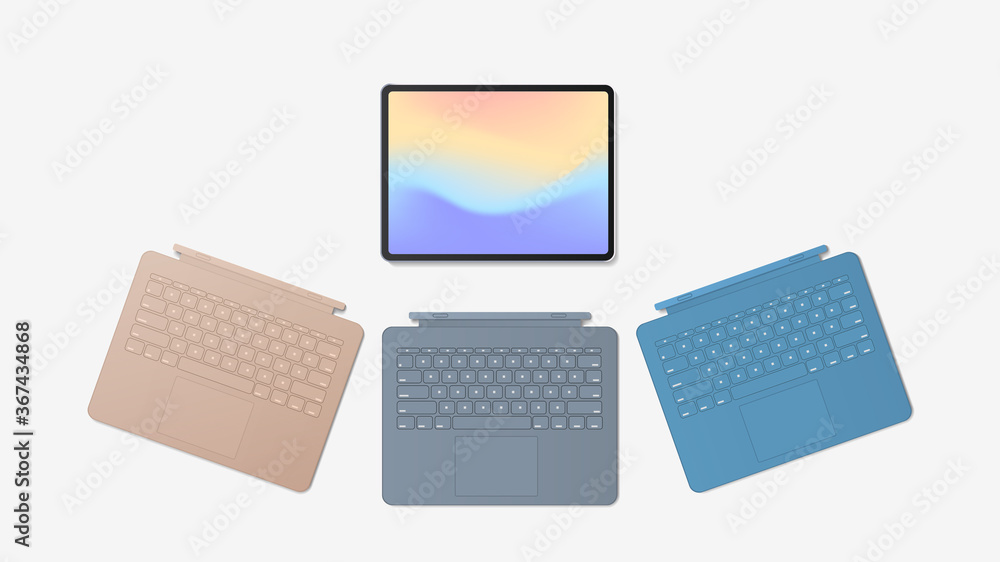 Poster modern tablet computer with different keyboards and colored screen isolated on white background real