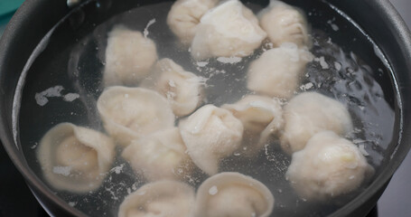 Cooking with meat dumpling in kitchen