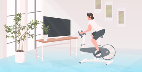 girl engaged in stationary bike sport healthy lifestyle concept living room interior horizontal full length vector illustration