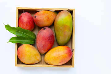 Tropical fruit, Mango with green leaves in wooden box on white background.