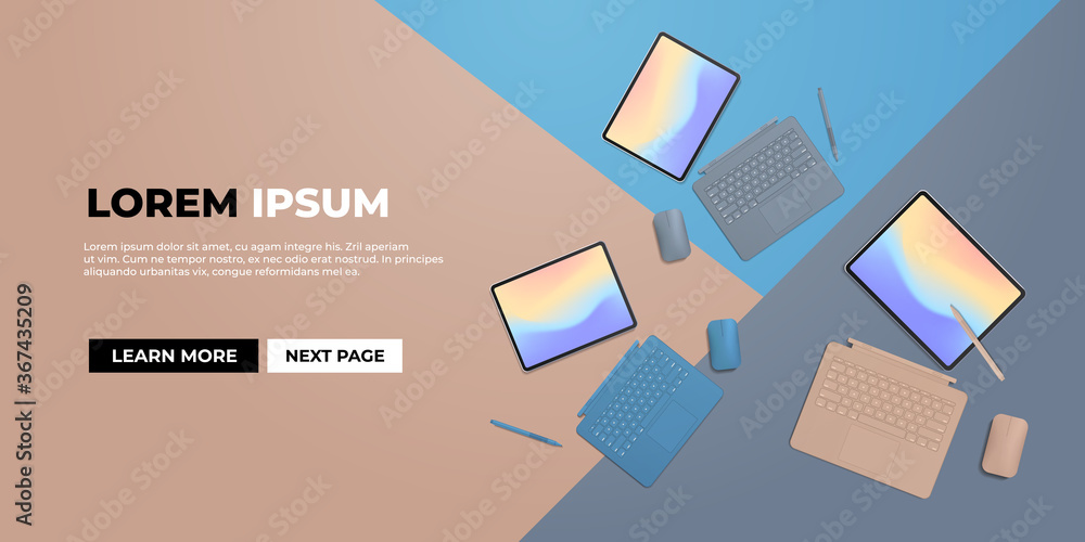 Poster modern tablet computer with keyboard mouse stylus and colored screen realistic mockup gadgets and de