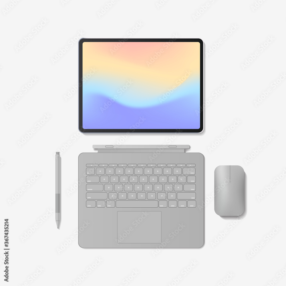 Poster modern tablet computer with keyboard mouse pen and colored screen isolated on white background reali