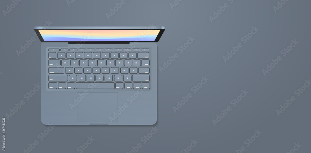 Poster modern laptop with keyboard and colored screen realistic mockup gadgets and devices concept horizont