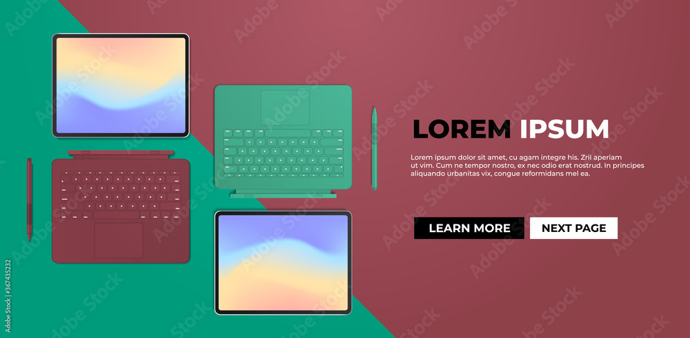 Poster modern tablet computer with keyboard and colored screen realistic mockup gadgets and devices concept