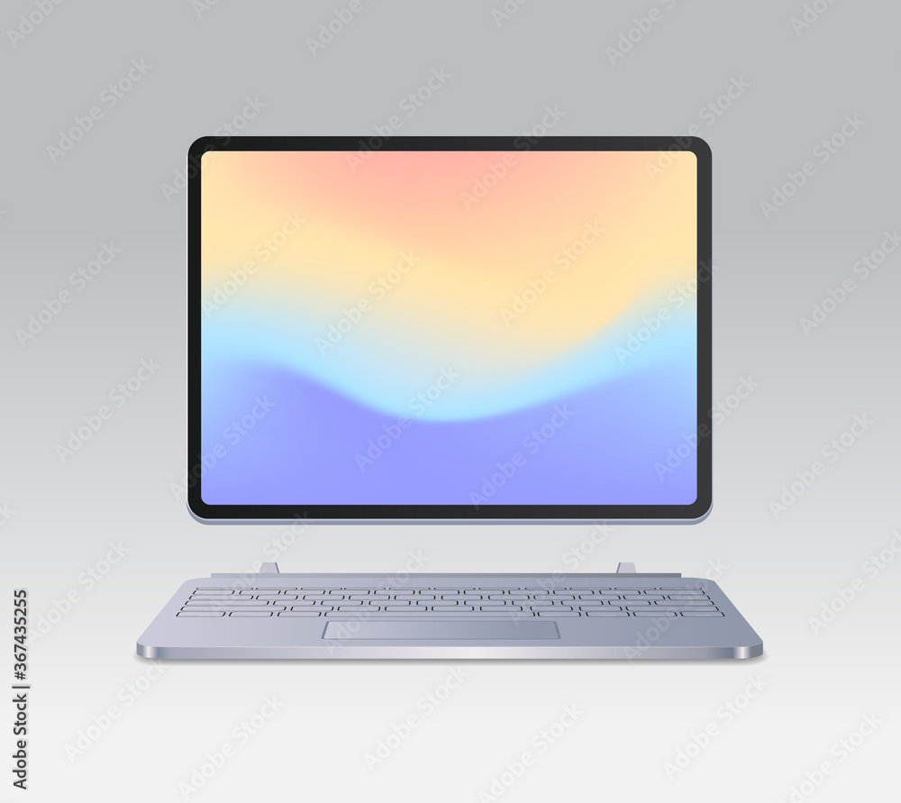 Poster modern tablet computer with keyboard and colored screen realistic mockup gadgets and devices concept
