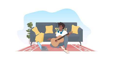 african american man learning to play guitar using laptop computer online course concept living room interior horizontal full length vector illustration